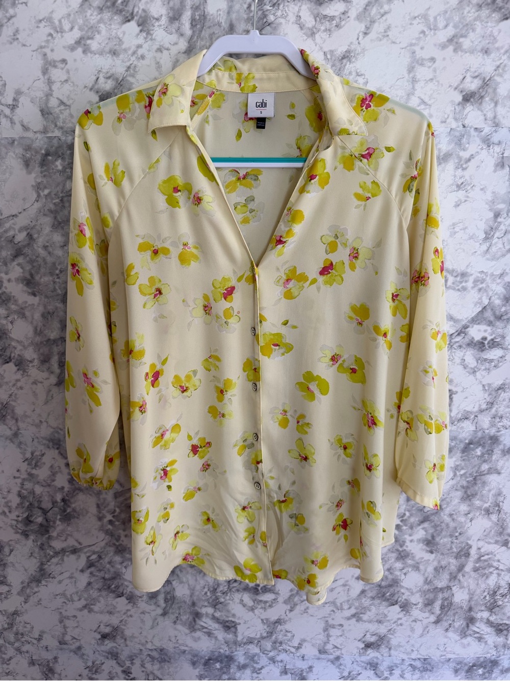 CAbi Yellow Floral Tie-Front Blouse with Pink Accents